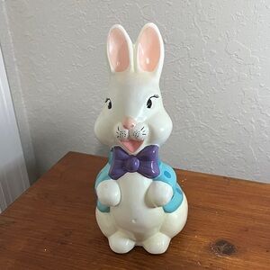 C.C 1967 Chalk Ceramic Bunny Figurine with Purple Bow and Blue Polka Dot Vest